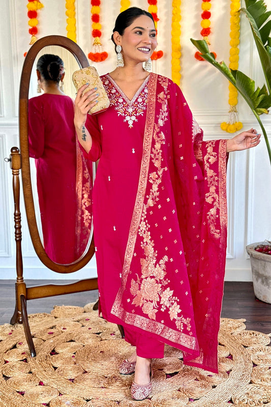 Pink Colour Viscose Chanderi Stitched Salwar Suit