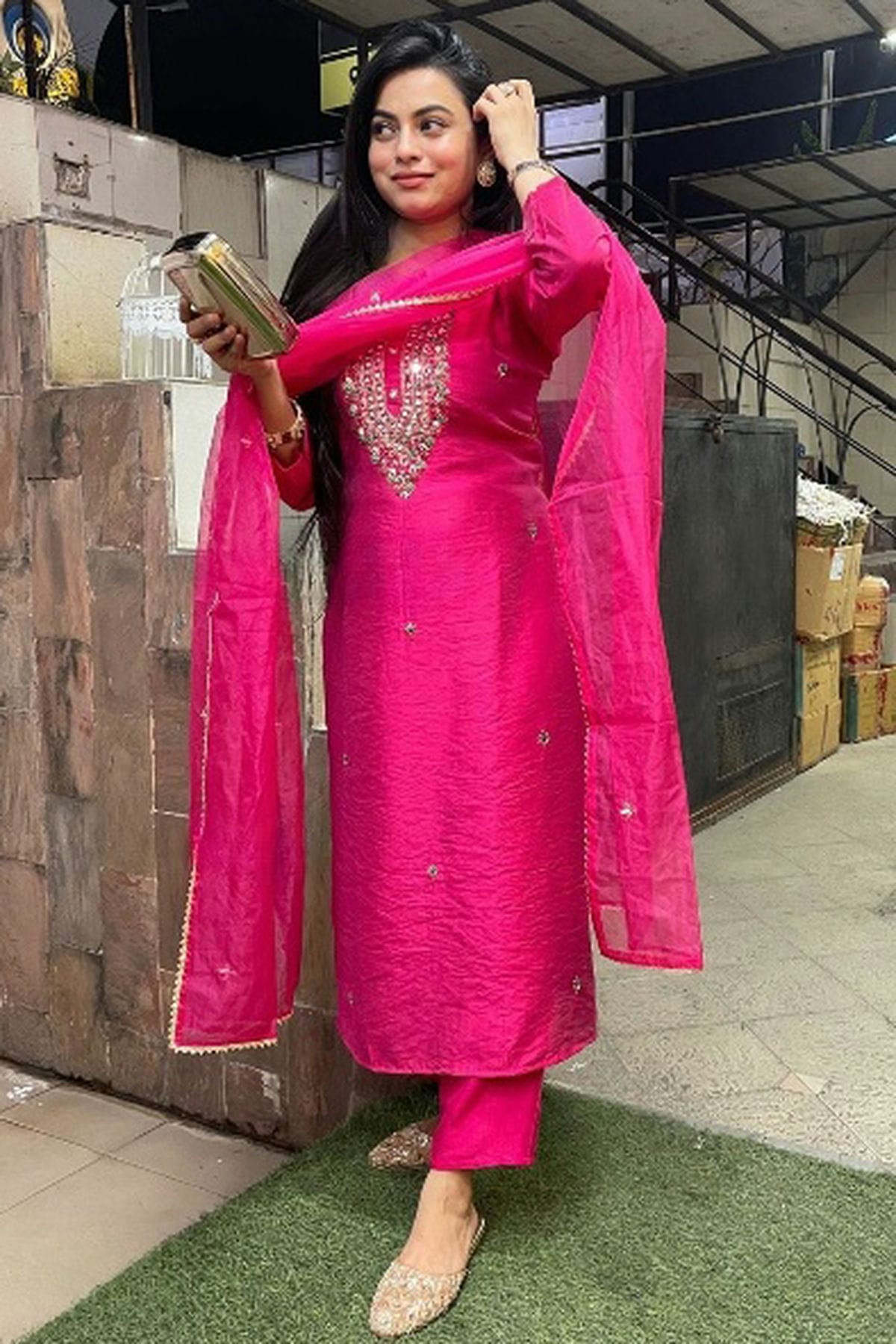Pink Colour Viscose Chanderi Stitched Salwar Suit