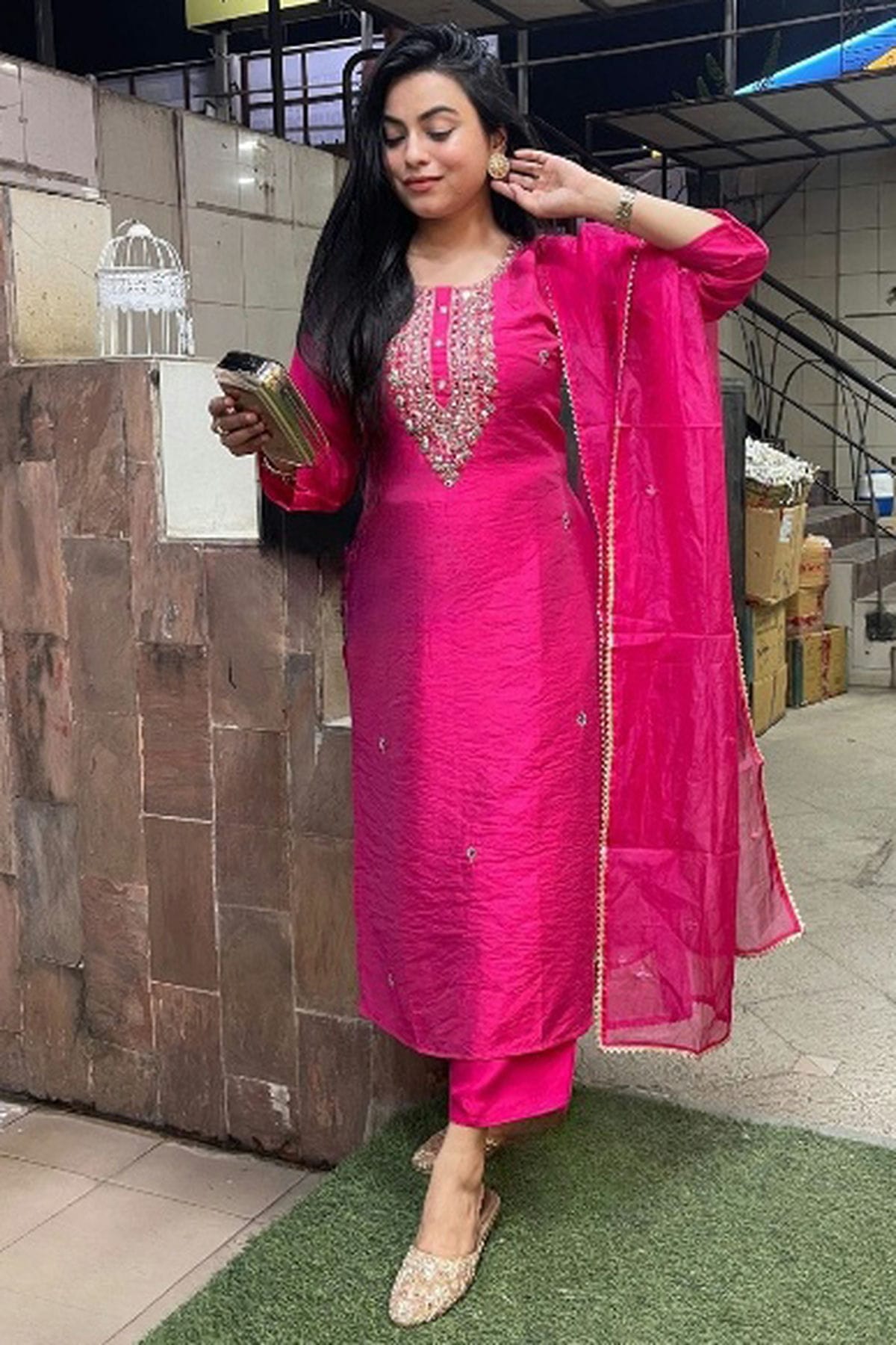 Pink Colour Viscose Chanderi Stitched Salwar Suit