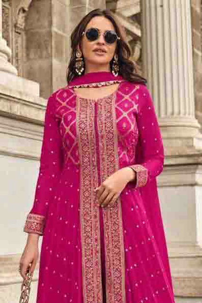 Pink Colour Viscose Muslin Jacquard Palazzo Pant Suit VSSM1140847