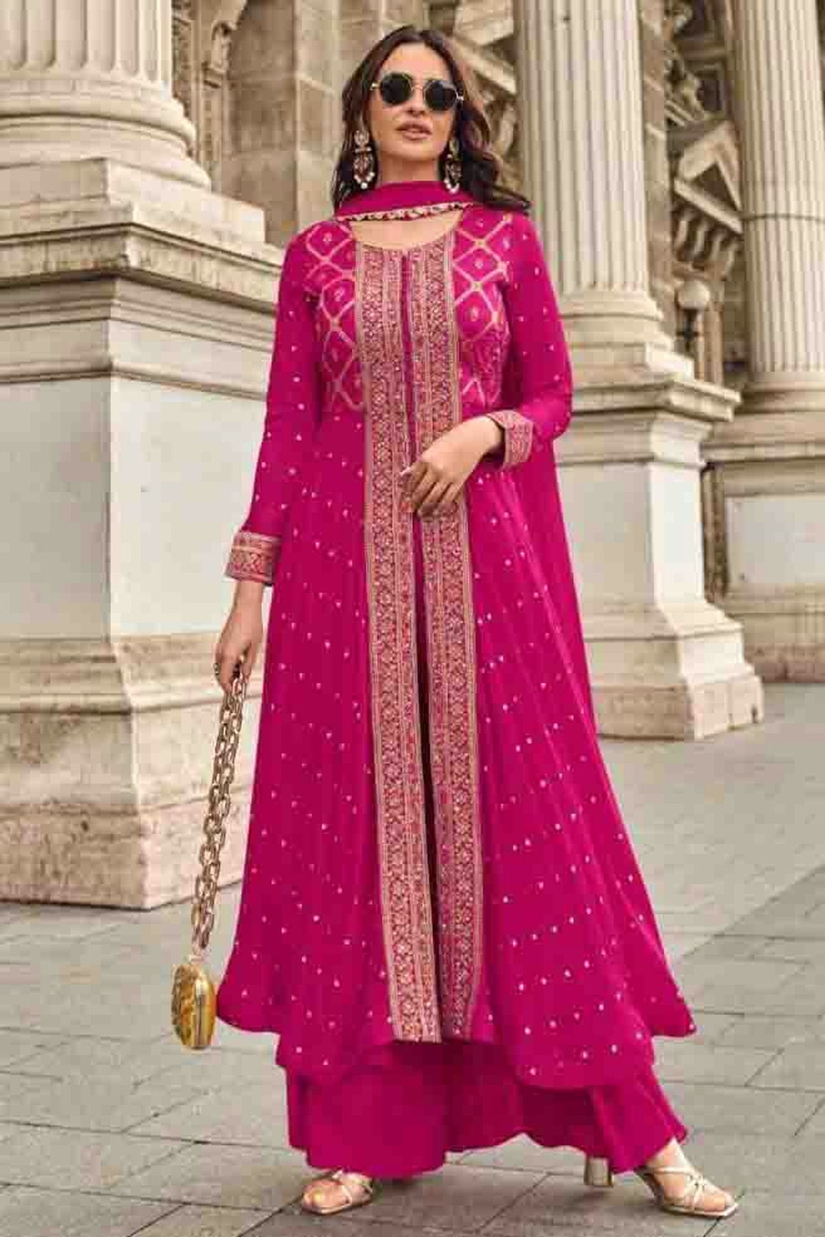 Pink Colour Viscose Muslin Jacquard Palazzo Pant Suit VSSM1140847