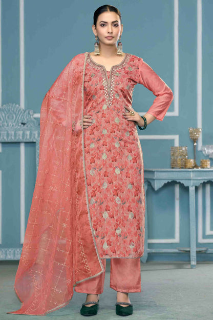 Pink Colour Viscose Organza Pant Style Suit VSSM1113209
