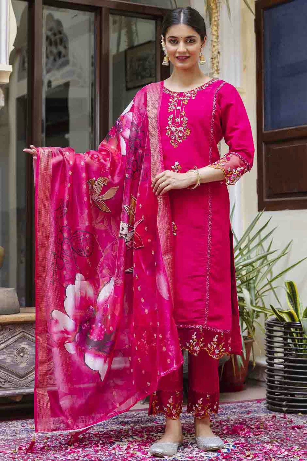 Pink Colour Viscose Roman Silk Embroidery Pant Style Suit VSSS1113655