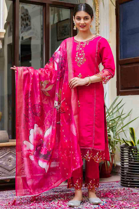 Pink Colour Viscose Roman Silk Embroidery Pant Style Suit VSSS1113655