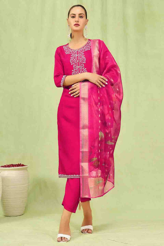 Pink Colour Viscose Roman Silk Stitched Pant Style Suit VSSS1113899