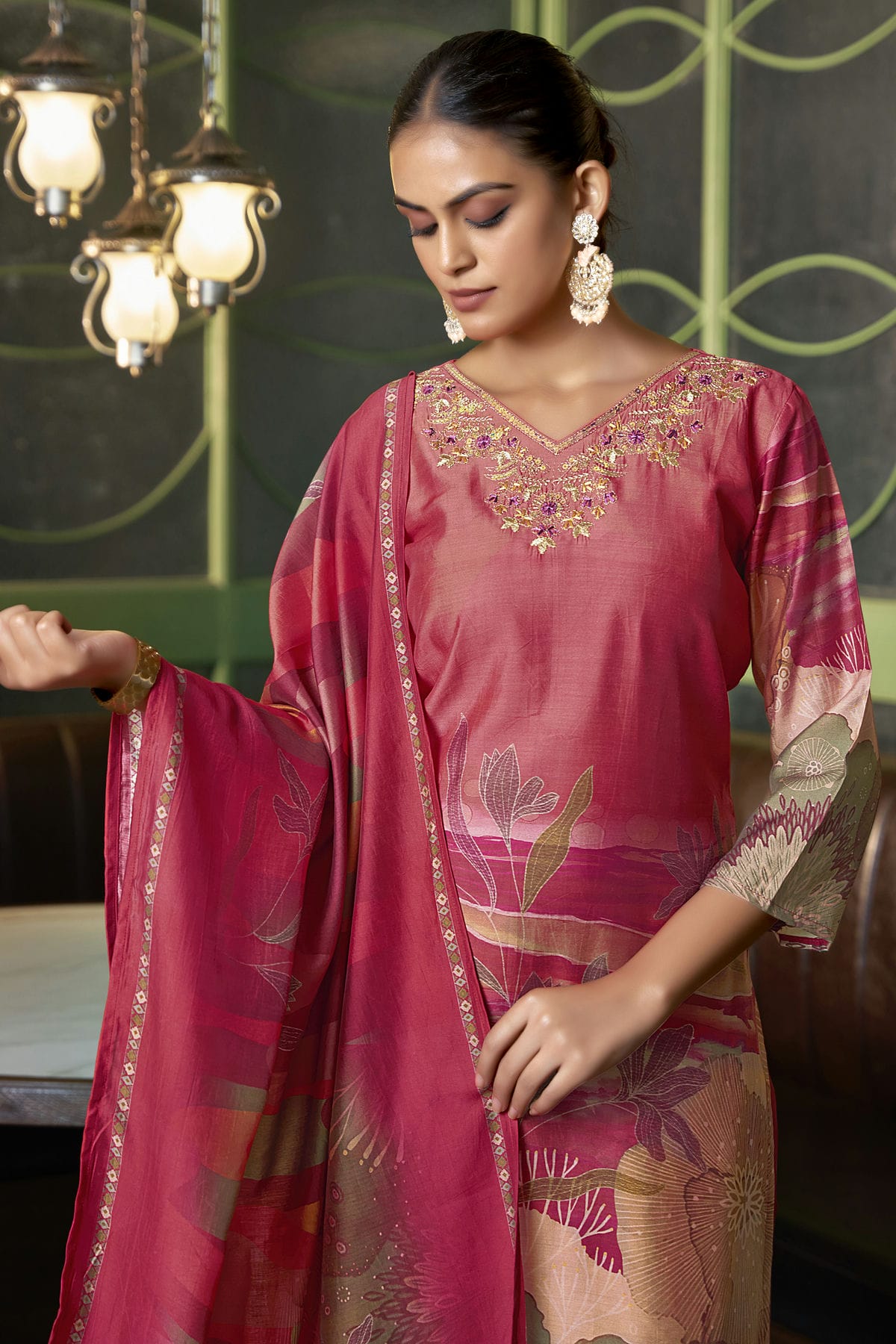 Pink Colour Viscose Silk Stitched Suit