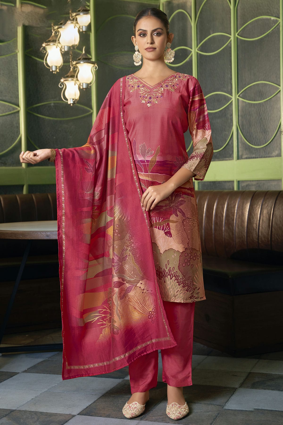 Pink Colour Viscose Silk Stitched Suit