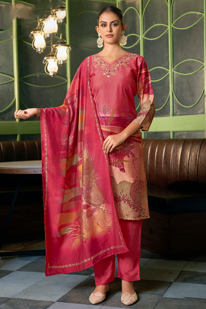 Pink Colour Viscose Silk Stitched Suit