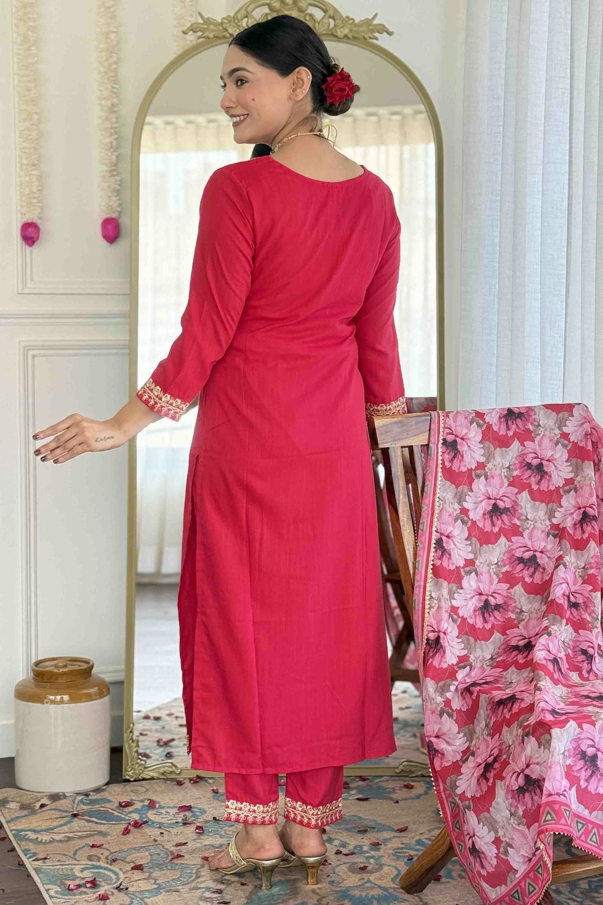 Pink Colour Viscose Slub Stitched Suit