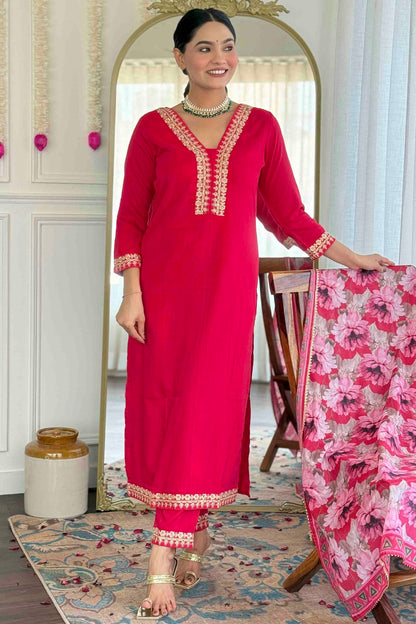 Pink Colour Viscose Slub Stitched Suit VSSS1112888