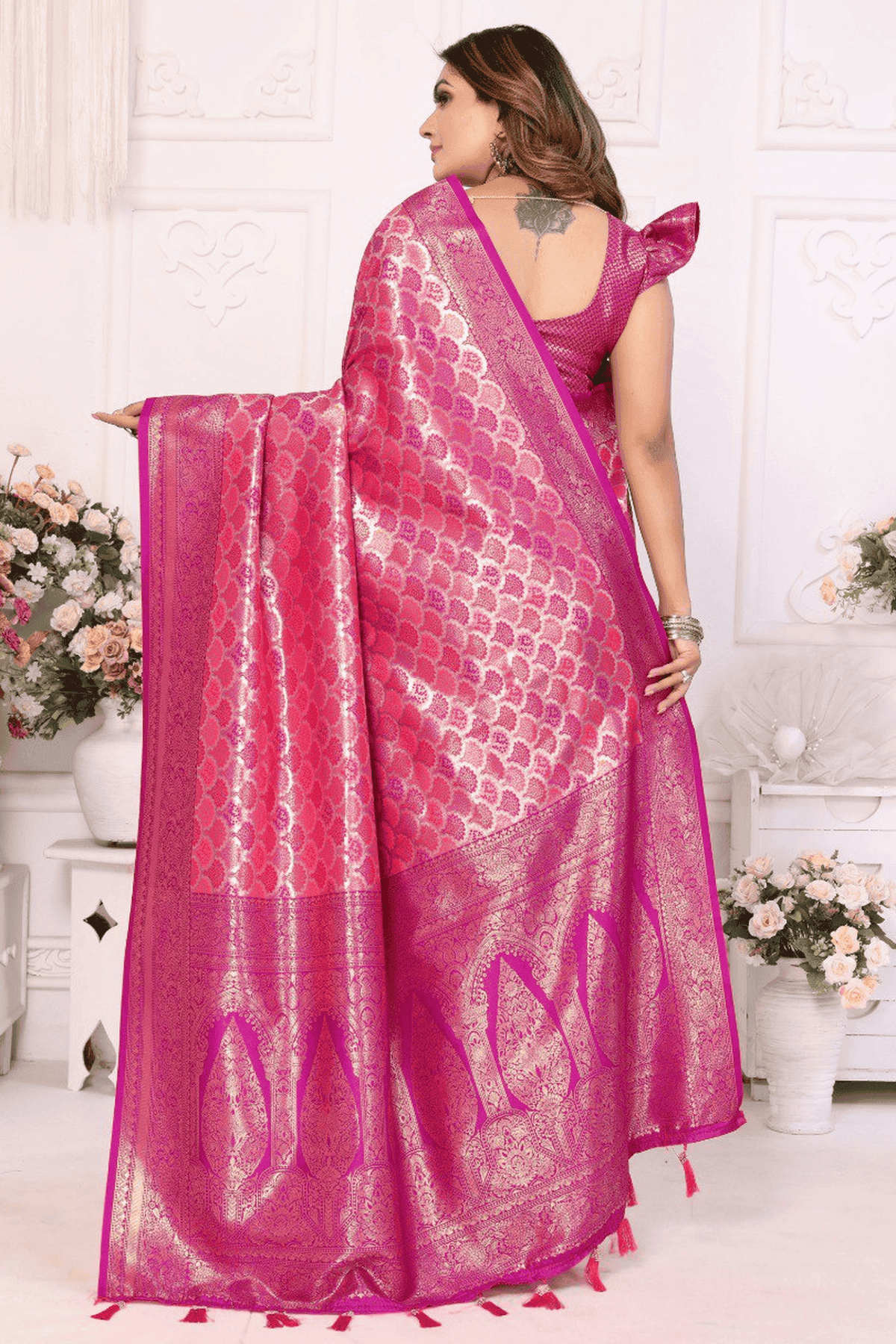Pink Colour Woven Work Banarasi Silk Traditional Saree