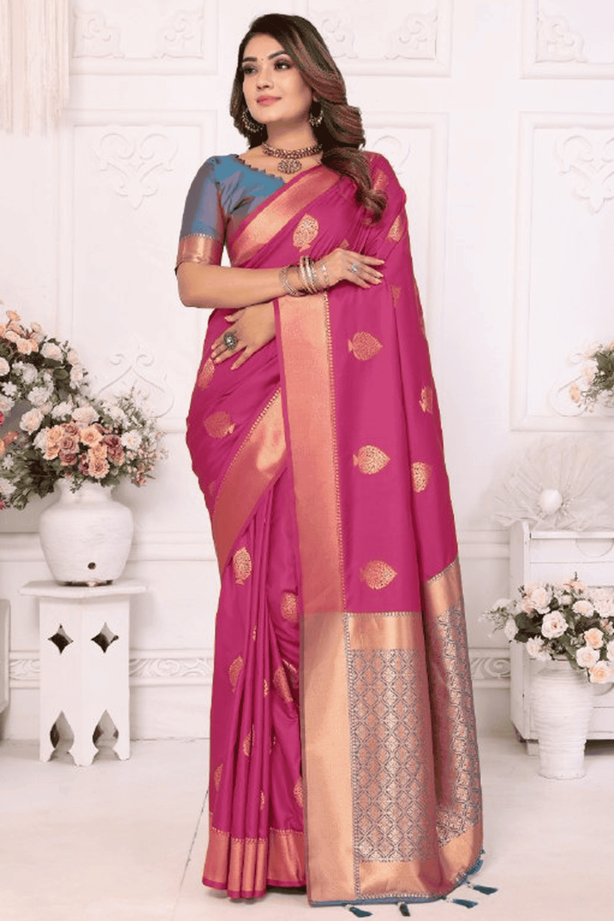 Pink Colour Woven Work Lichi Soft Silk Traditional Saree