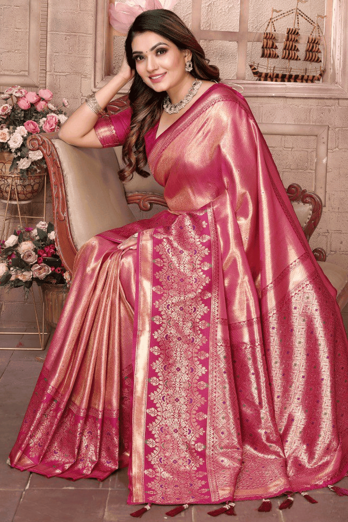 Pink Colour Woven Work Pure Banarasi Tissue Silk Traditional Saree