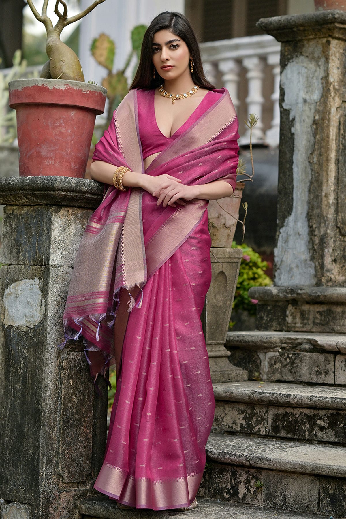Pink Colour Woven Work Soft Tussar Silk Saree