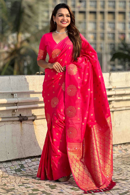 Pink Colour Zari Work Moonga Silk Traditional Sarees VSSD1113345