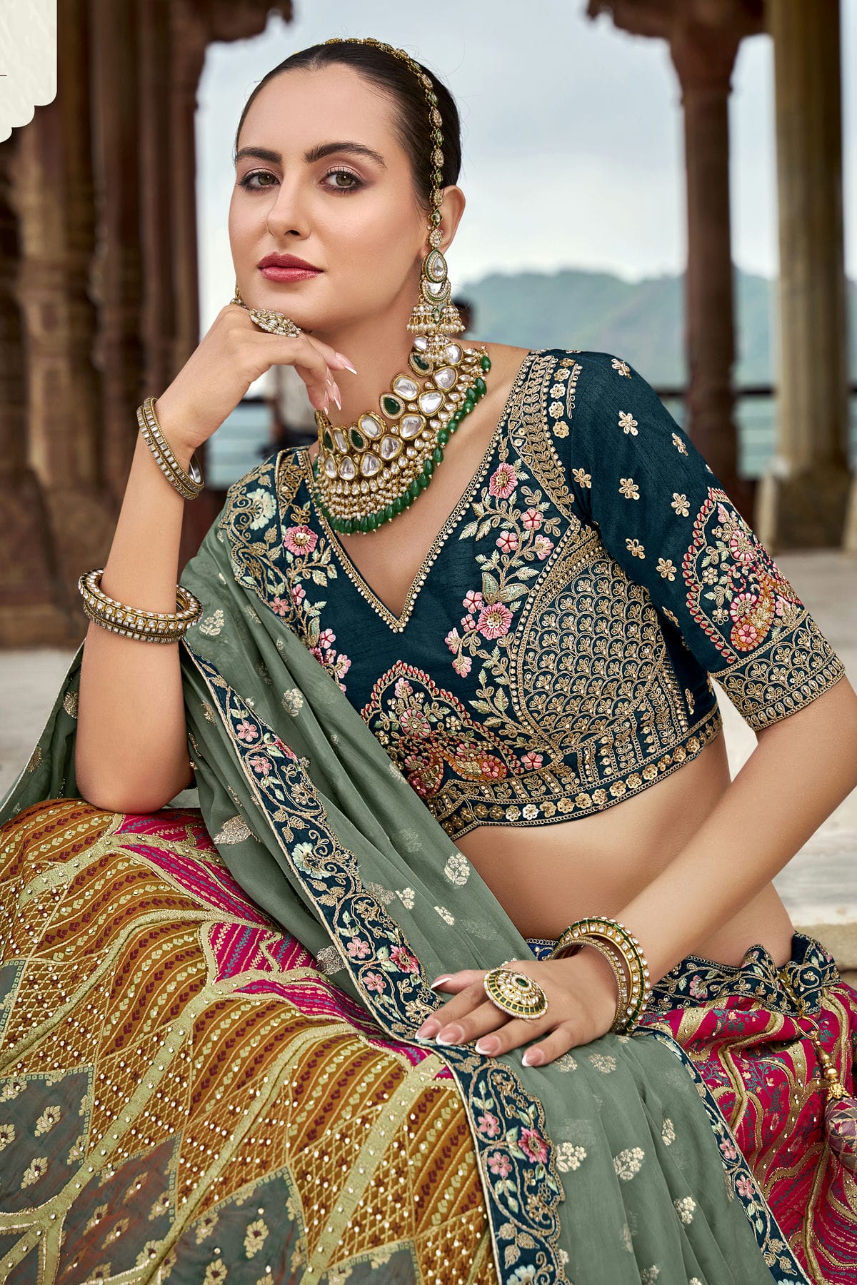 Pink and Blue Colour Banarasi Silk Bridal Lehenga Choli VSLC1290097