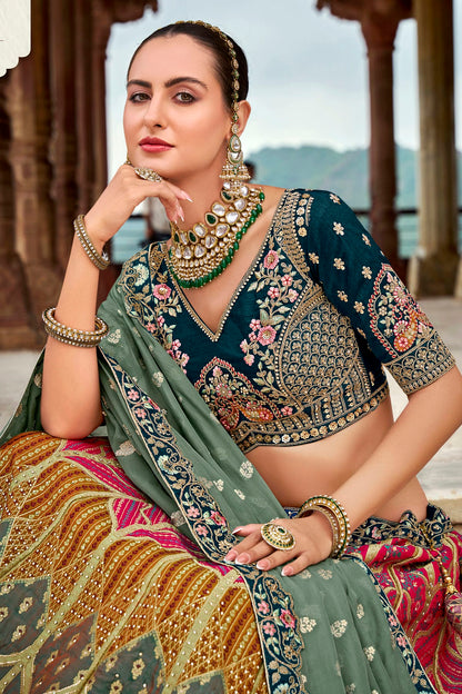 Pink and Blue Colour Banarasi Silk Bridal Lehenga Choli VSLC1290097