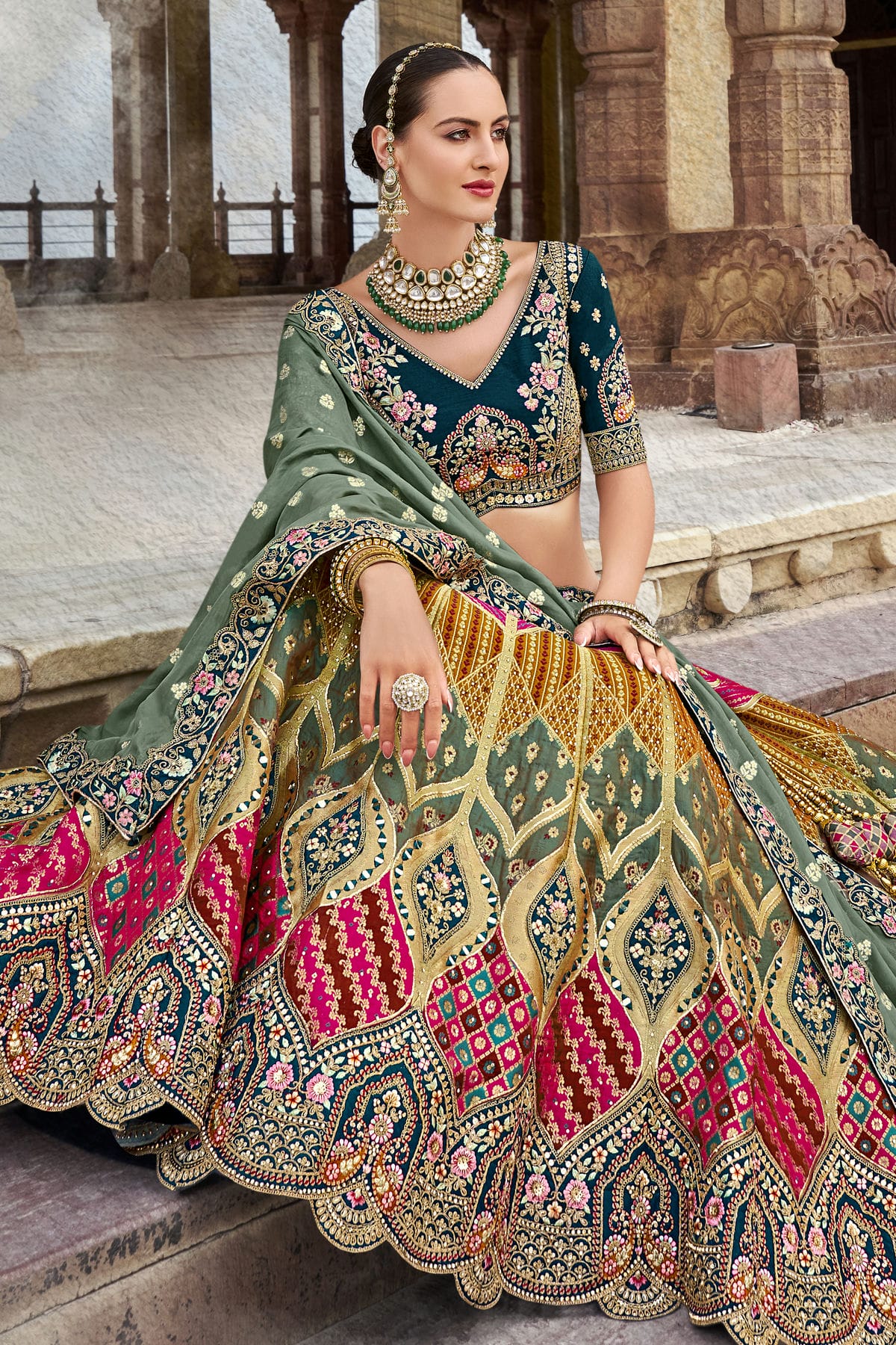 Pink and Blue Colour Banarasi Silk Bridal Lehenga Choli VSLC1290097