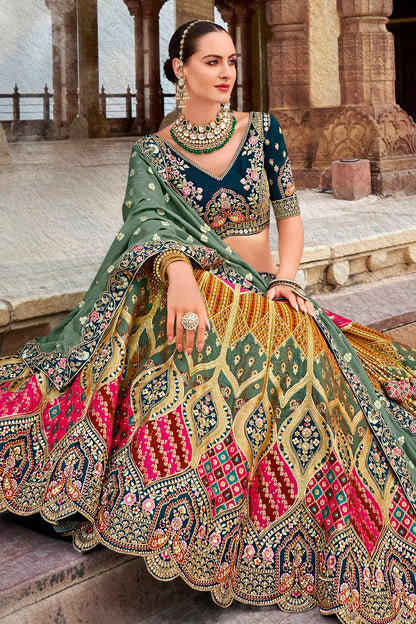 Pink and Blue Colour Banarasi Silk Bridal Lehenga Choli VSLC1290097