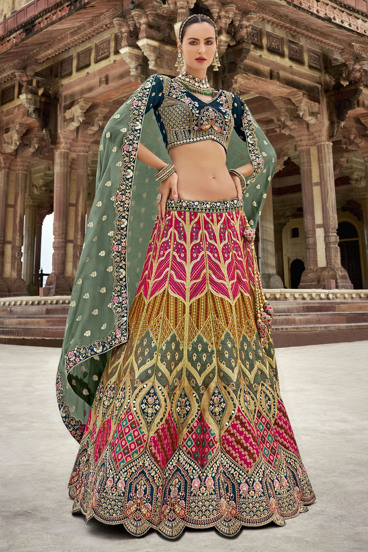 Pink and Blue Colour Banarasi Silk Bridal Lehenga Choli
