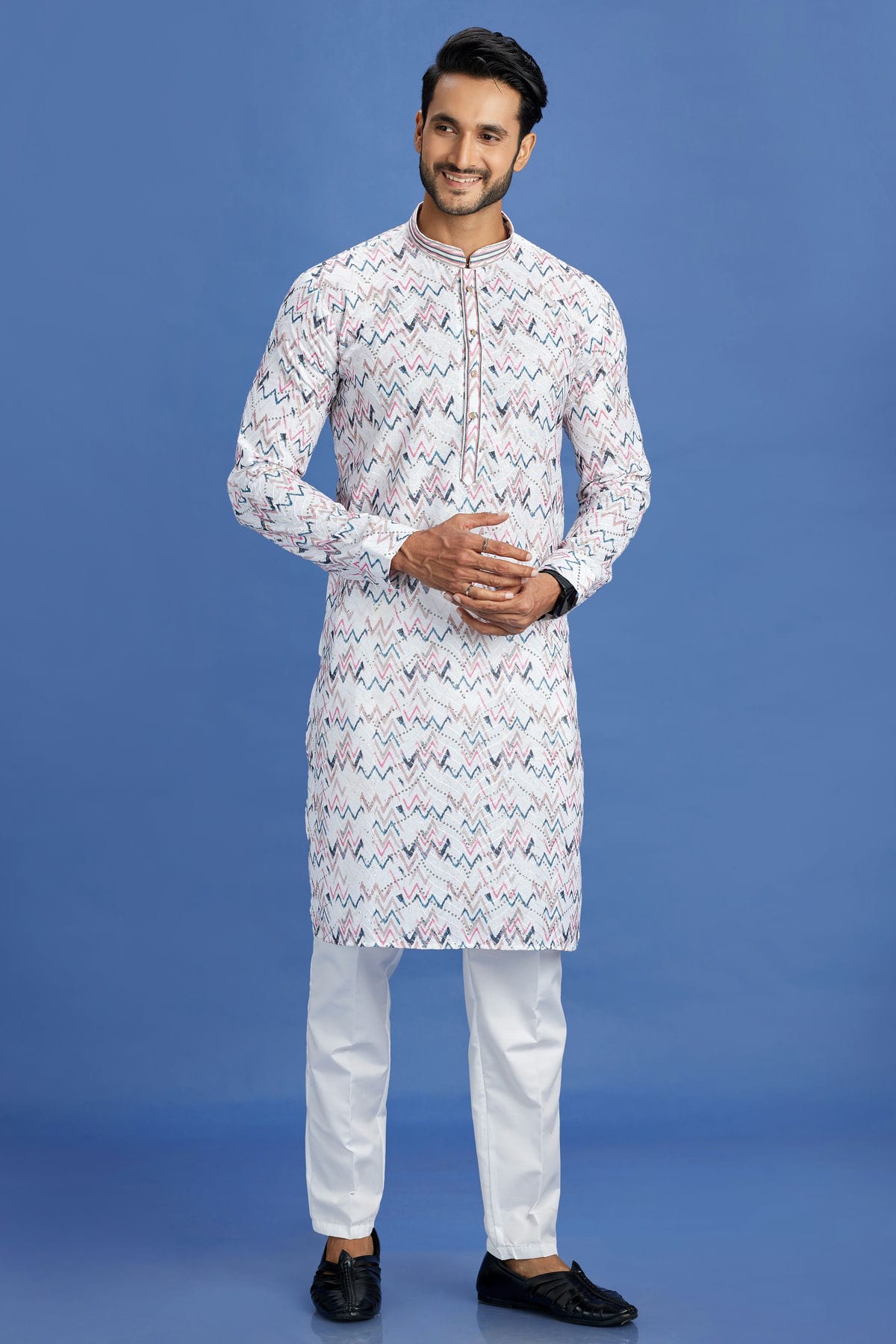 Pink and Blue Colour Cotton Pintex Work Kurta Pajama