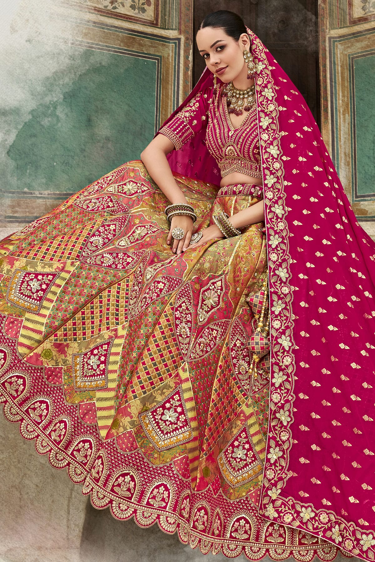 Pink and Light Green Colour Banarasi Silk Bridal Lehenga Choli VSLC1290096