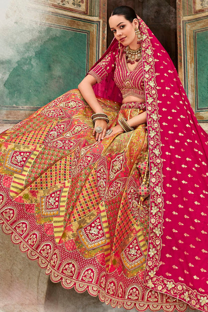 Pink and Light Green Colour Banarasi Silk Bridal Lehenga Choli VSLC1290096