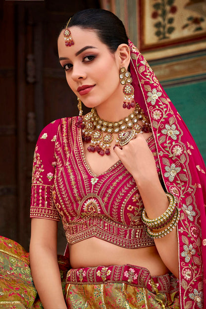 Pink and Light Green Colour Banarasi Silk Bridal Lehenga Choli VSLC1290096