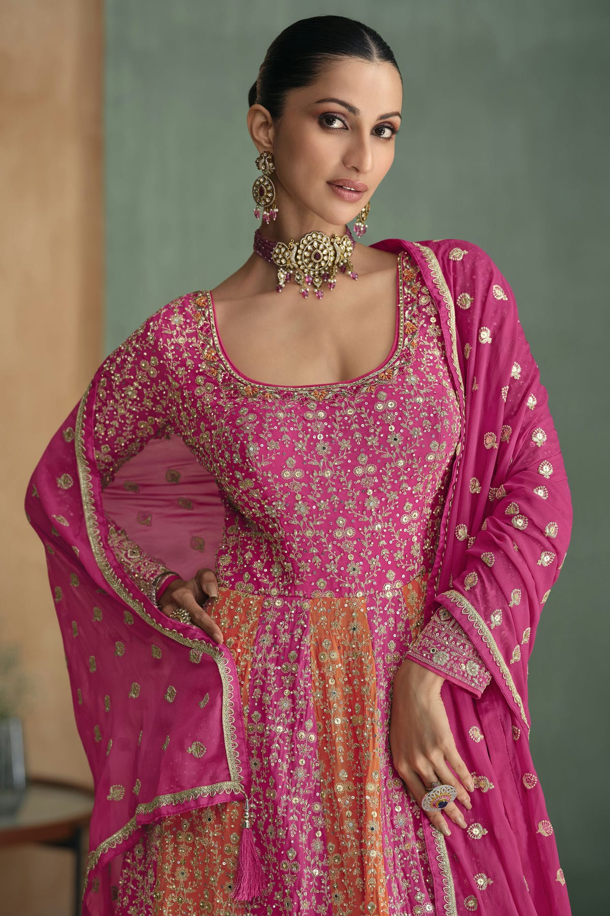 Pink and Orange Colour Georgette Gown VSSM1140596