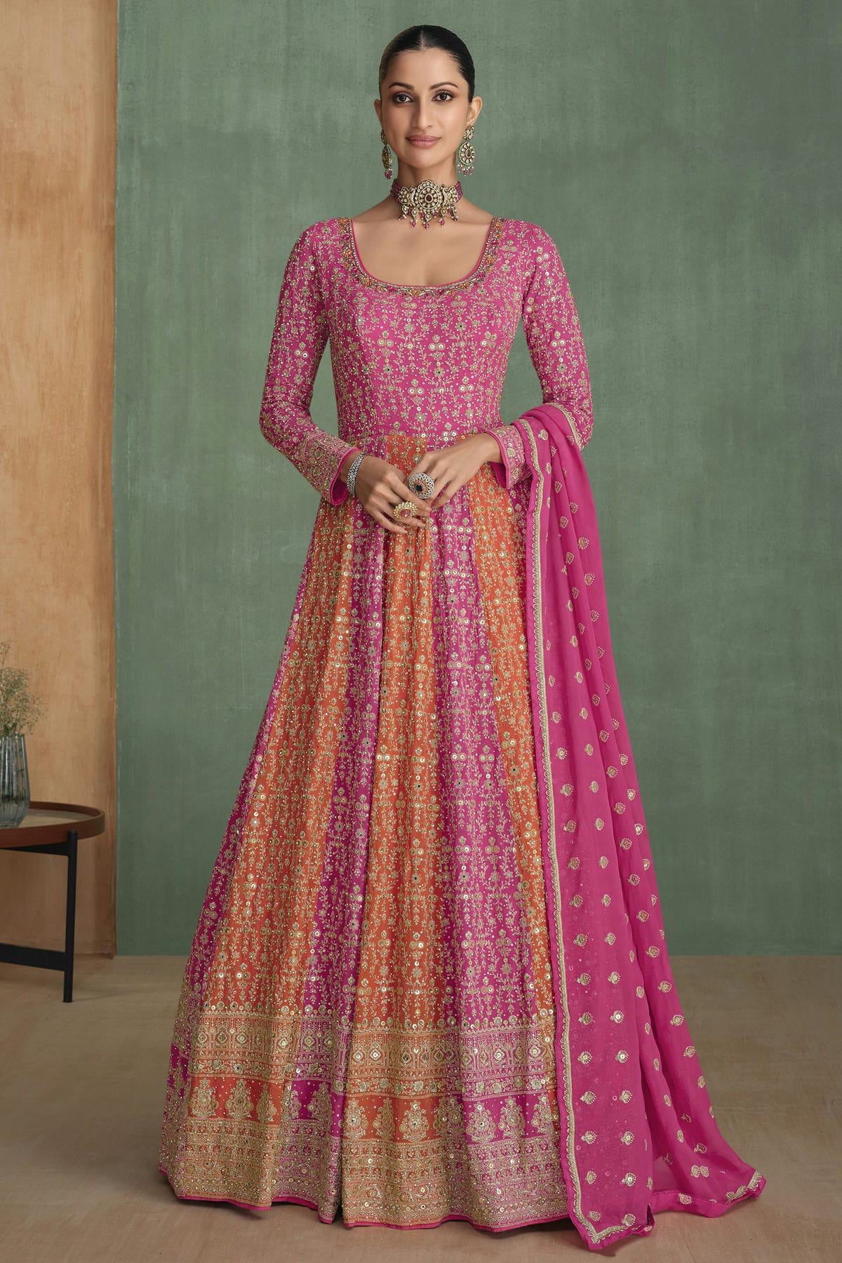 Pink and Orange Colour Georgette Gown