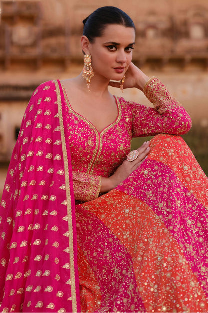 Pink and Orange Colour Gerogette Semi Stitched Anarkali Suit VSSM1140449