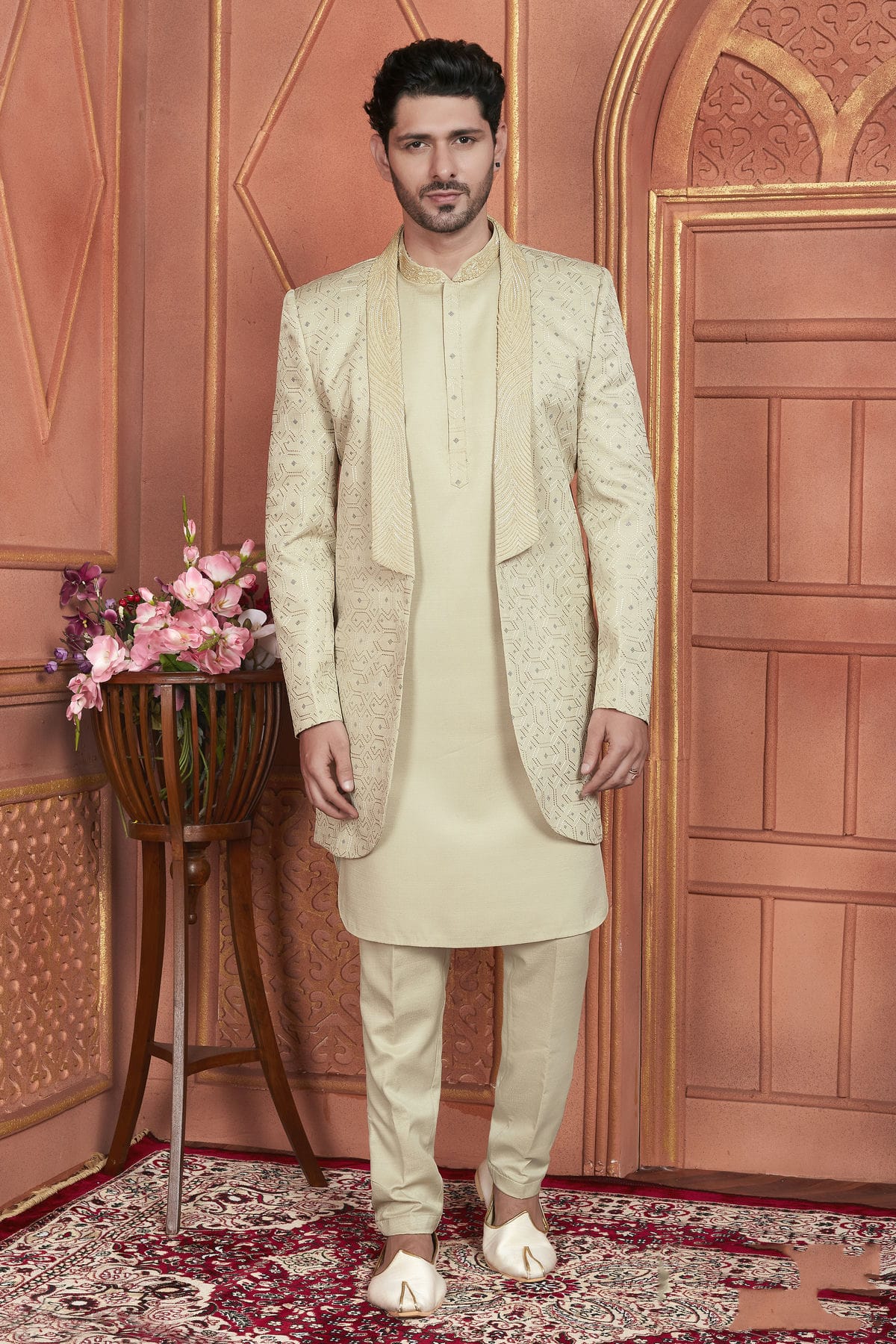 Pista Green Colour Art Silk Indowestern Sherwani With Aligadhi Pant