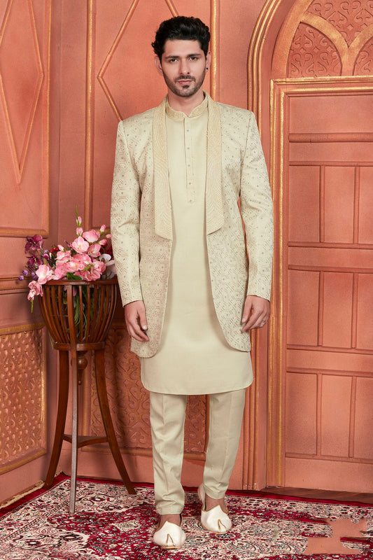 Pista Green Colour Art Silk Indowestern Sherwani With Aligadhi Pant