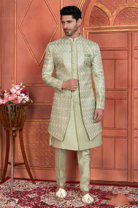 Pista Green Colour Art Silk Indowestern Sherwani With Aligadhi Pant
