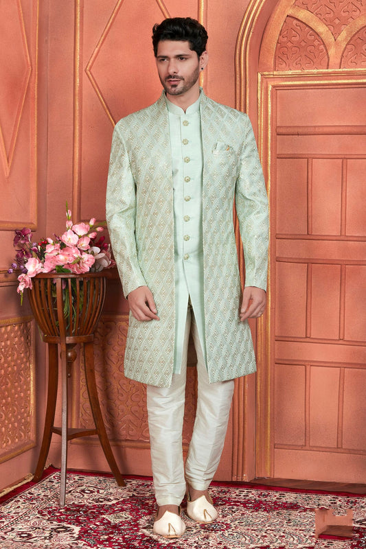 Pista Green Colour Art Silk Indowestern Sherwani With Aligadhi Pant