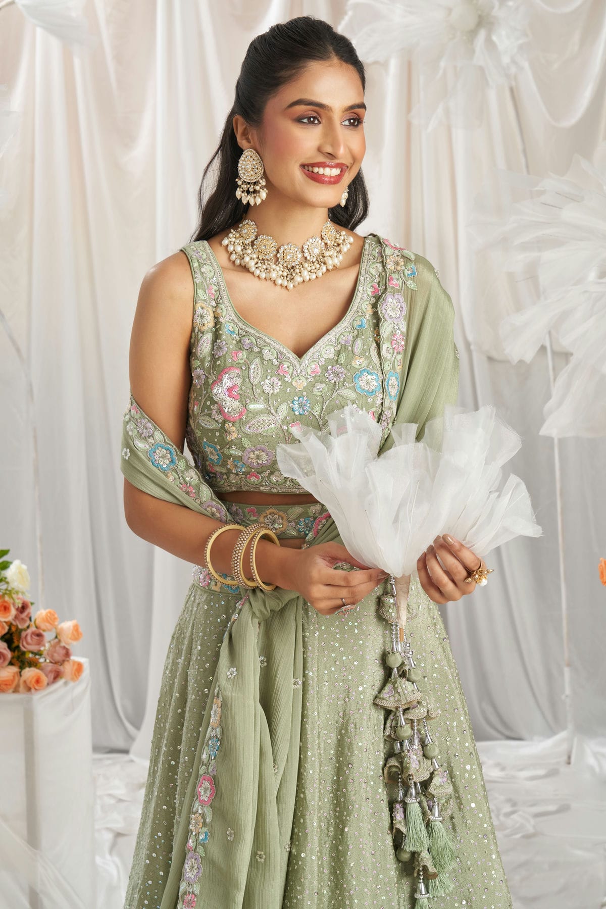 Pista Green Colour Chiffon Embroidery Lehenga Choli VSLC1111349