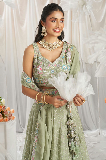 Pista Green Colour Chiffon Embroidery Lehenga Choli VSLC1111349