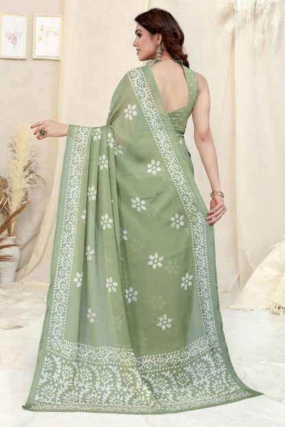 Pista Green Colour Chinon Chiffon Printed Saree VSSD1180130
