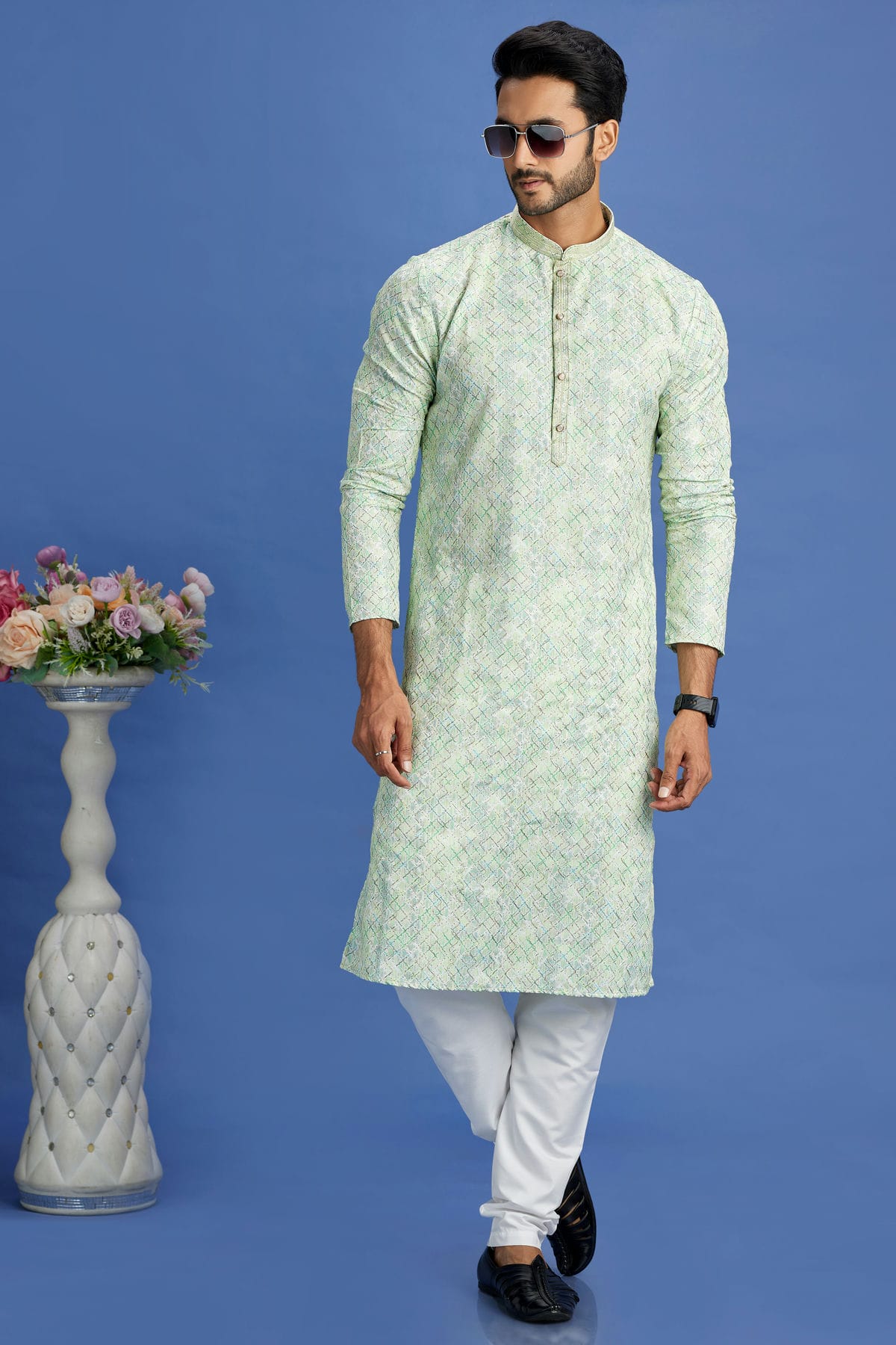 Pista Green Colour Cotton Pintex Work Kurta Pajama VSKP1230163