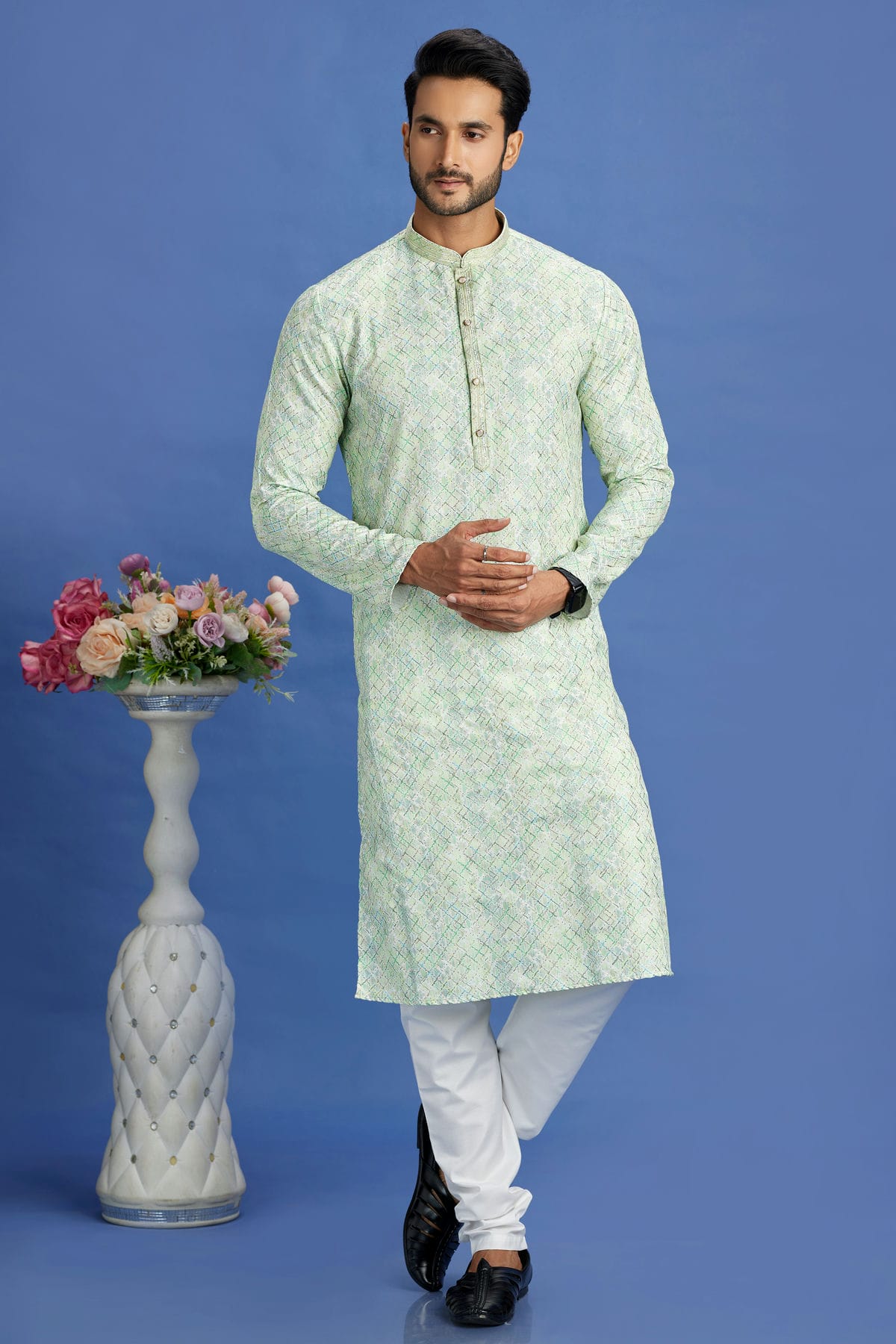 Pista Green Colour Cotton Pintex Work Kurta Pajama