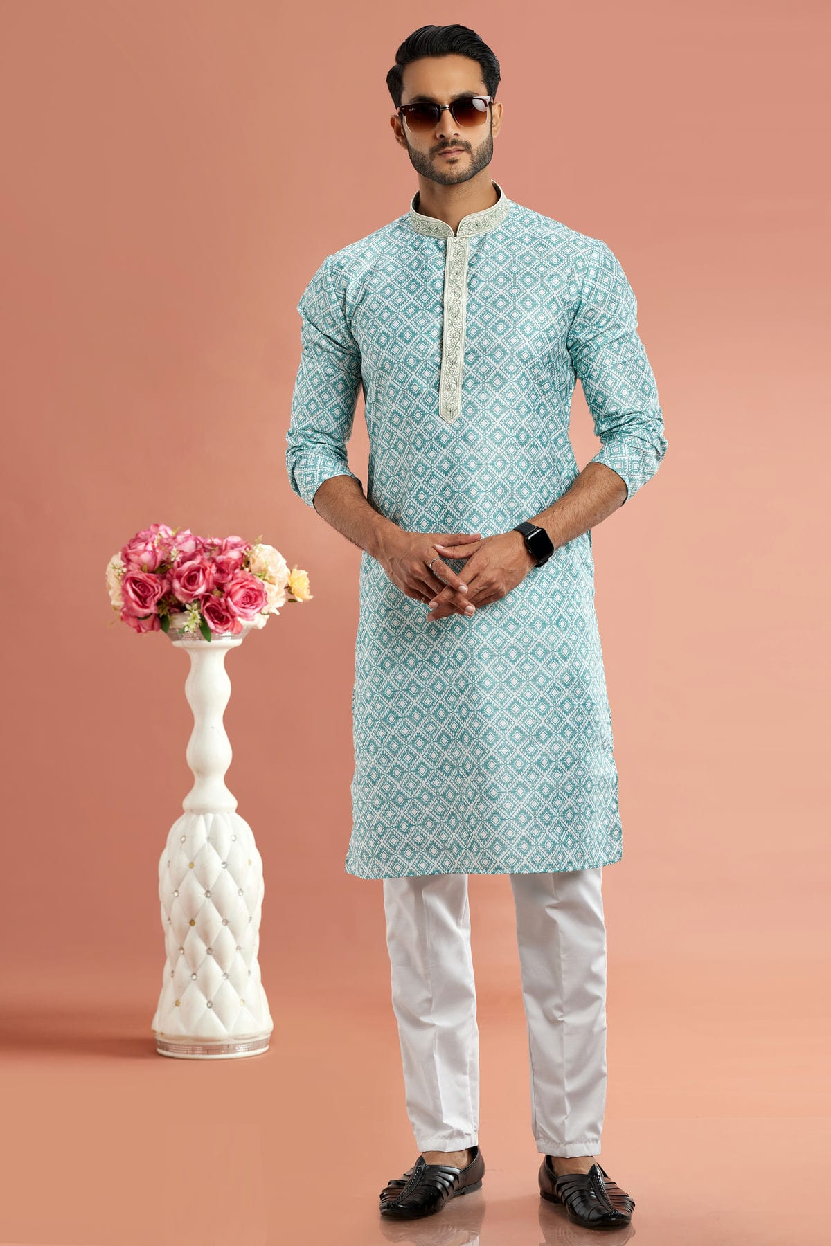 Pista Green Colour Cotton Thread Work Kurta Pajama VSKP1230166