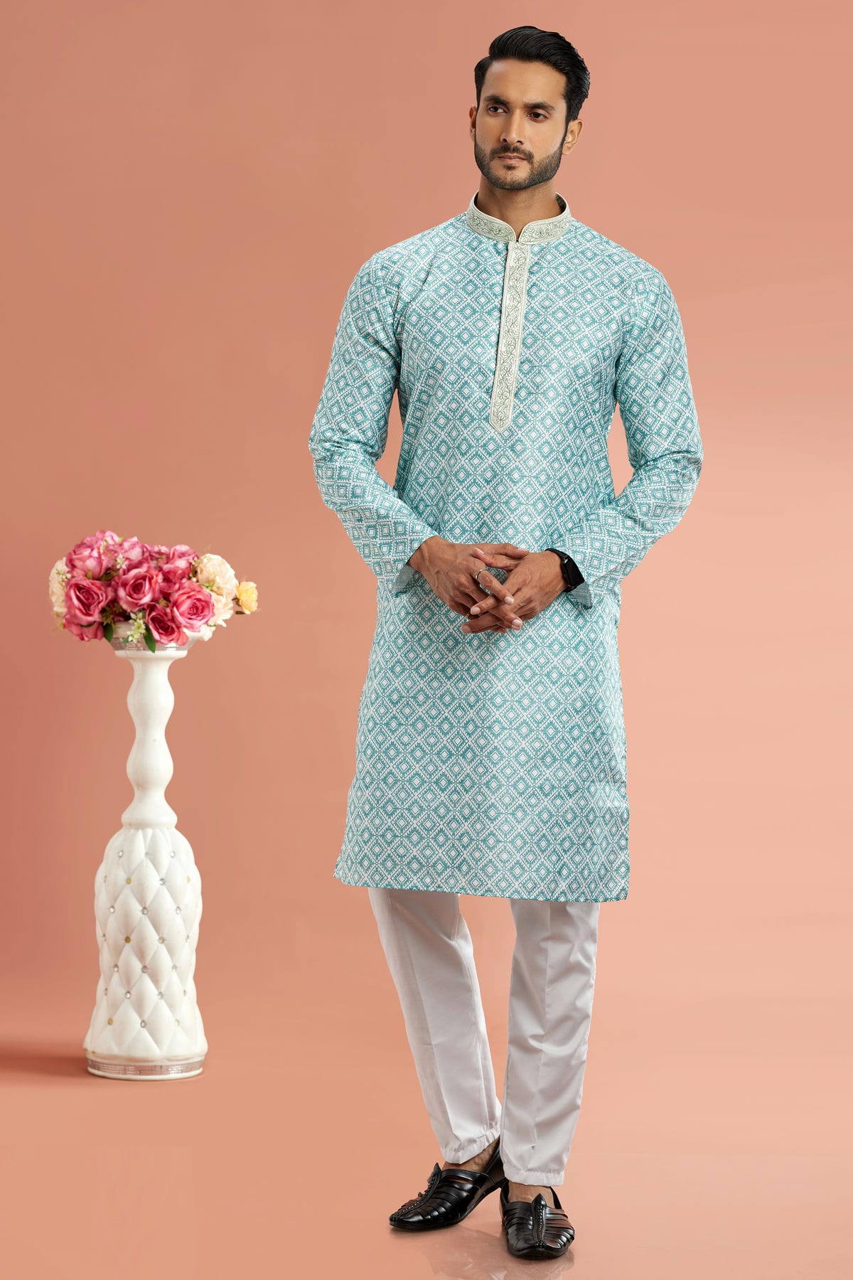 Pista Green Colour Cotton Thread Work Kurta Pajama