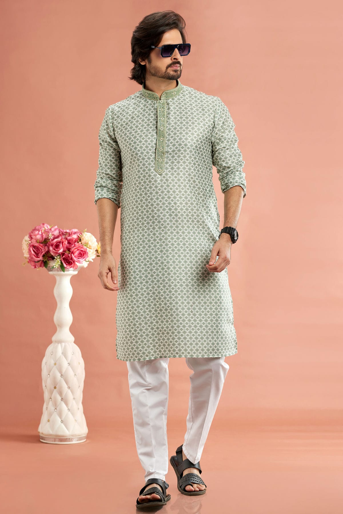 Pista Green Colour Cotton Thread Work Kurta Pajama VSKP1230174