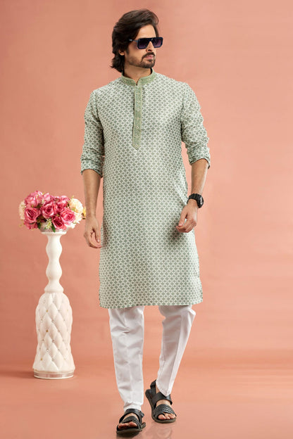 Pista Green Colour Cotton Thread Work Kurta Pajama VSKP1230174