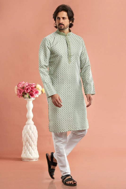 Pista Green Colour Cotton Thread Work Kurta Pajama