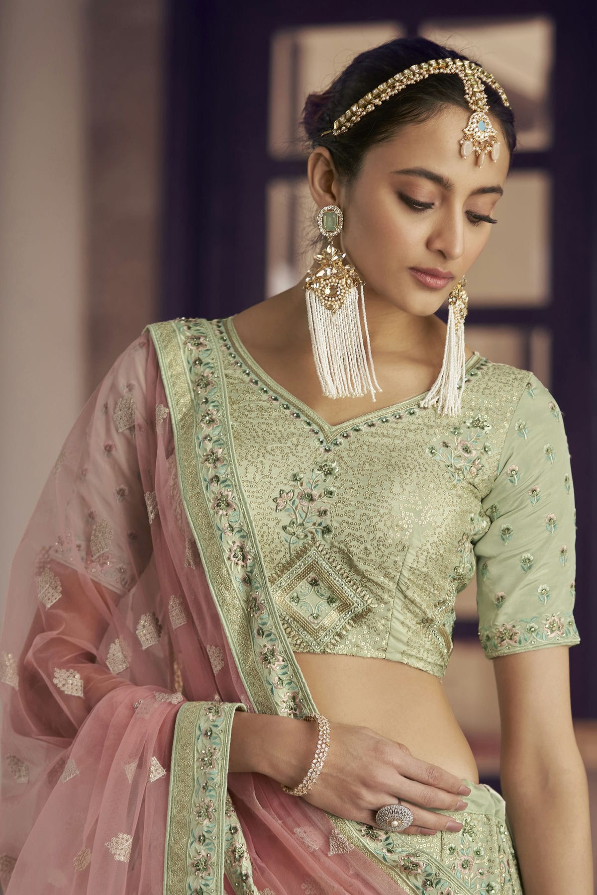Pista Green Colour Embroidery Crepe Lehenga Choli VSLD1080791