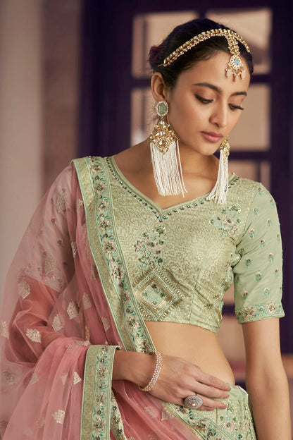 Pista Green Colour Embroidery Crepe Lehenga Choli VSLD1080791