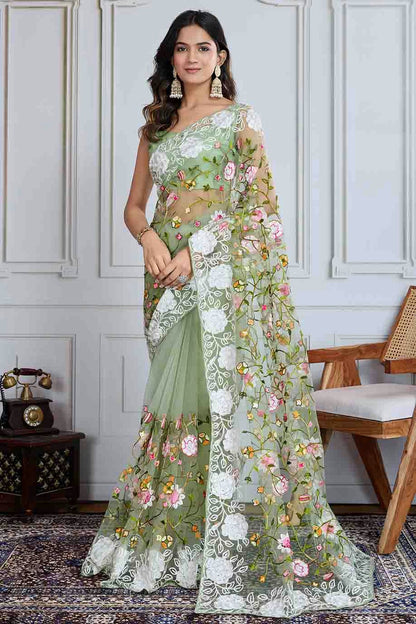 Pista Green Colour Embroidery Soft Net Designer Saree VSSD1113391