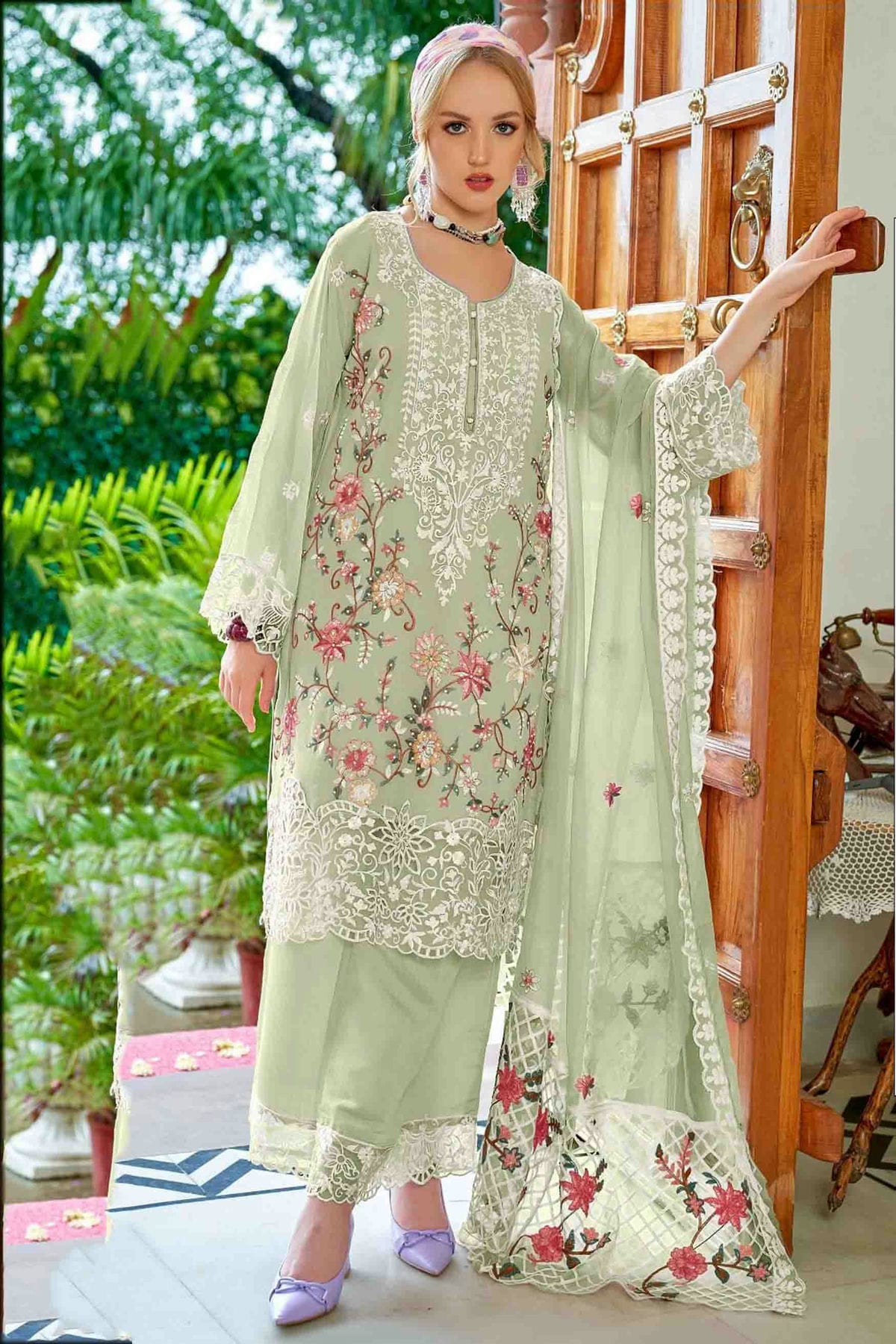 Pista Green Colour Faux Georgette Pakistani Suit VSSM1140860