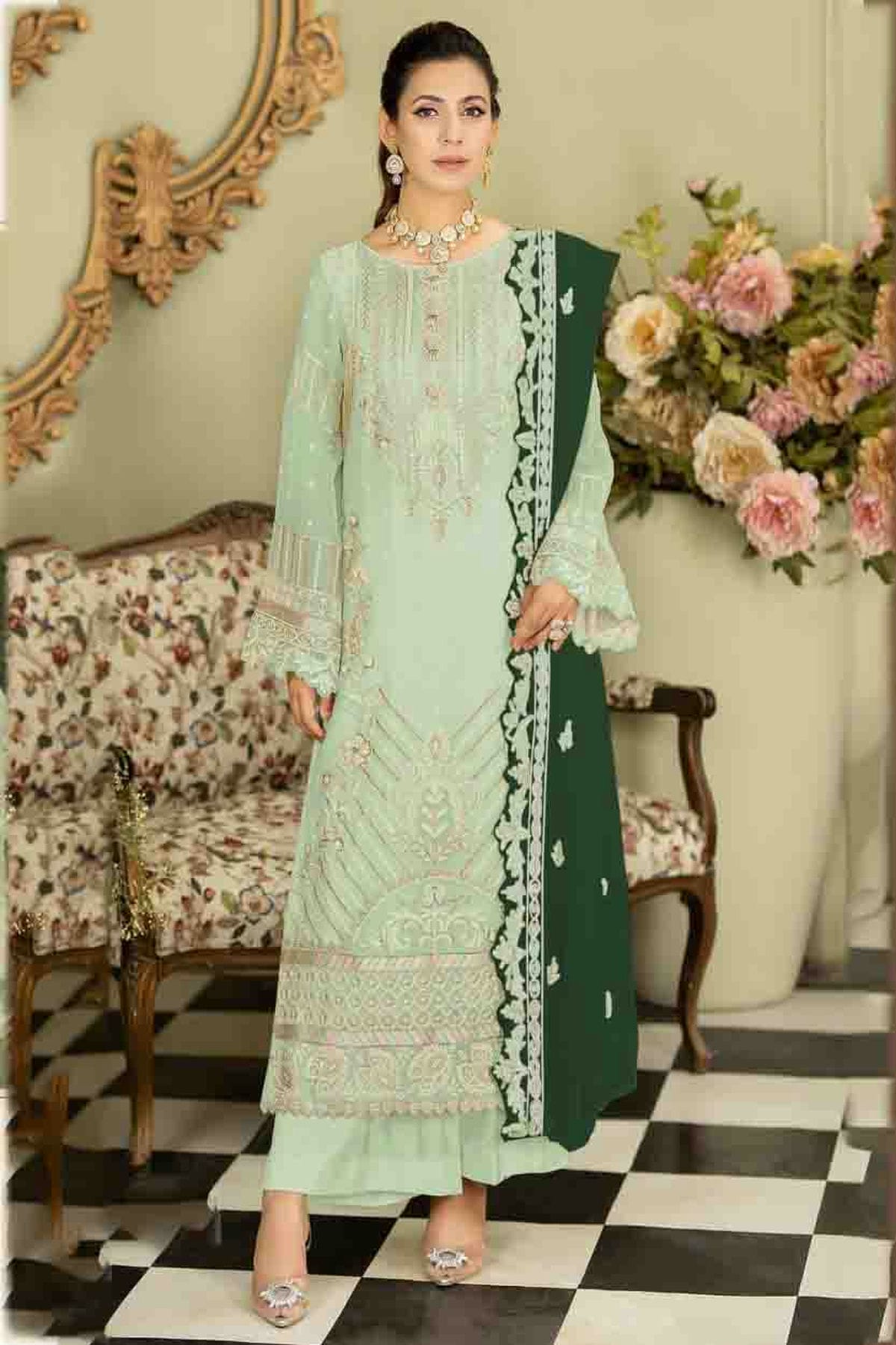 Pista Green Colour Faux Georgette Pakistani Suit VSSM1140876